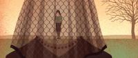 An illustration of a woman standing behind a mesh veil with a barren tree in the background.